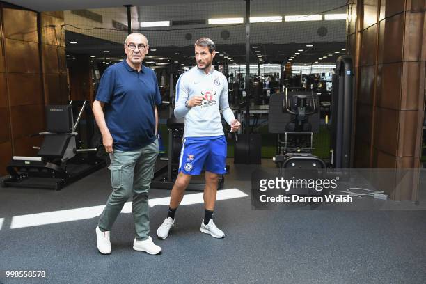 Maurizio Sarri of Chelsea during a tour of the training ground by Carlo Cudicini at Chelsea Training Ground on July 14, 2018 in Cobham, England.