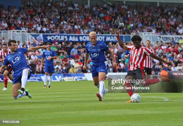 Josh Maja of Sunderland shoots during a Pre-Season friendly match between Hartlepool United and Sunderland AFC at Victoria Park on July 14, 2018 in...