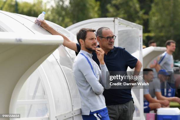 Maurizio Sarri of Chelsea with Carlo Cudicini during a training session at Chelsea Training Ground on July 14, 2018 in Cobham, England.
