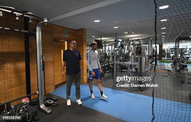 Maurizio Sarri of Chelsea during a tour of the training ground by Carlo Cudicini at Chelsea Training Ground on July 14, 2018 in Cobham, England.