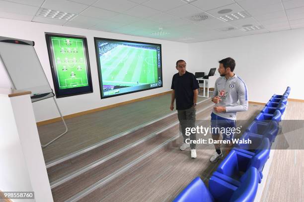 Maurizio Sarri of Chelsea during a tour of the training ground by Carlo Cudicini at Chelsea Training Ground on July 14, 2018 in Cobham, England.