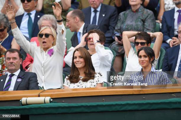 Philip Brook, Martina Navratilova, Catherine, Duchess of Cambridge, Billie Jean King, Meghan, Duchess of Sussex, attend day twelve of the Wimbledon...