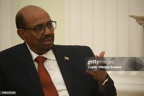 Sudanese President Omar al-Bashir speeches during their Russian-Sudanese talks at the Kremlin, in Moscow, Russia, July 2018. Sudanese President is...