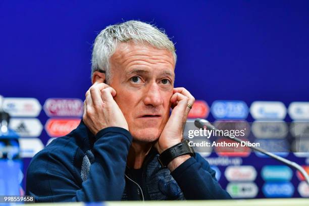 Didier Deschamps coach of France during Team France Press Conference ahead of the 2018 FIFA World Cup Final Match on July 14, 2018 in Moscow, Russia.