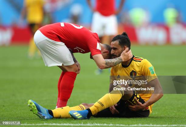 Kieran Trippier of England talks to Nacer Chadli of Belgium during the 2018 FIFA World Cup Russia 3rd Place Playoff match between Belgium and England...