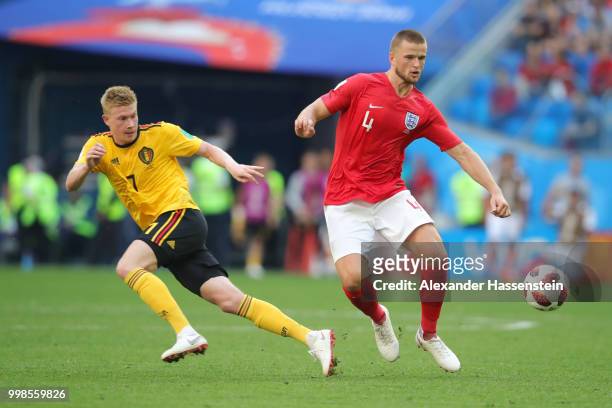 Eric Dier of England looks to intercept a pass to Kevin De Bruyne of Belgium during the 2018 FIFA World Cup Russia 3rd Place Playoff match between...
