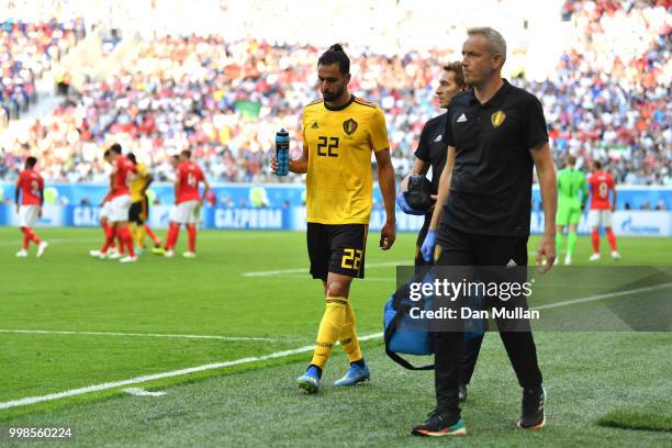 Nacer Chadli of Belgium leaves the pitch due to an injury during the 2018 FIFA World Cup Russia 3rd Place Playoff match between Belgium and England...