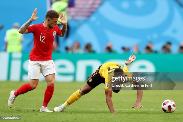 Youri Tielemans of Belgium is challenged by Kieran Trippier of England during the 2018 FIFA World Cup Russia 3rd Place Playoff match between Belgium...