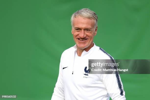 Didier Deschamps, Manager of France arrives at a France training session during the 2018 FIFA World Cup at Luzhniki Stadium on July 14, 2018 in...