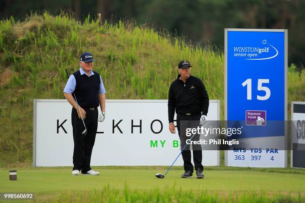 Barry Lane of England and Ronan Rafferty of Northern Ireland in action during Day Two of the WINSTONgolf Senior Open at WINSTONlinks on July 14, 2018...