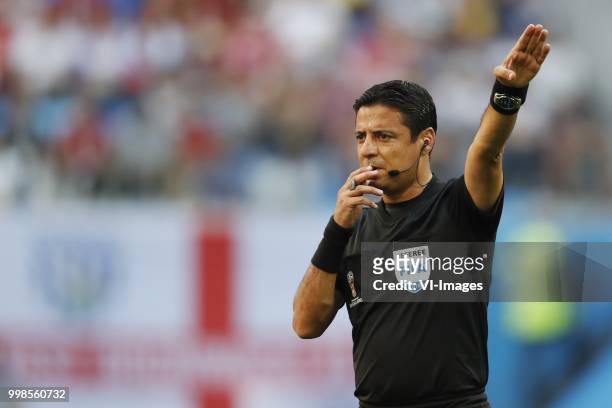 Referee Alireza Faghani during the 2018 FIFA World Cup Play-off for third place match between Belgium and England at the Saint Petersburg Stadium on...