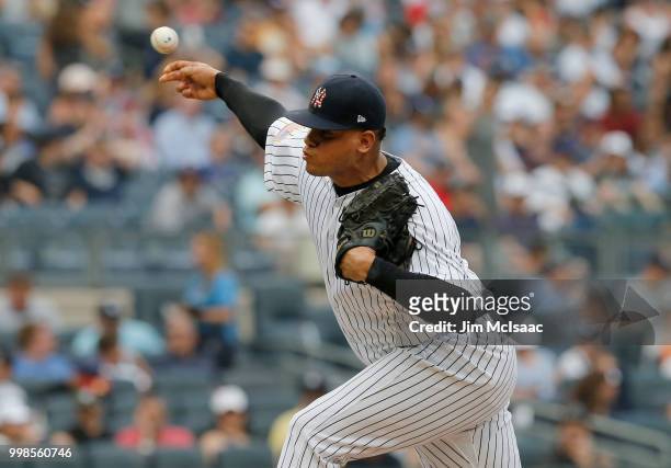 Dellin Betances of the New York Yankees in action against the Atlanta Braves at Yankee Stadium on July 4, 2018 in the Bronx borough of New York City....
