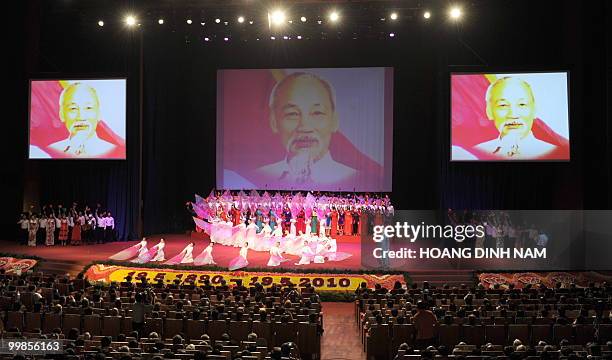 Dancers perform during an official ceremony in Hanoi on May 18, 2010 to mark the 120th anniversary of the birthday of modern Vietnam's founder, the...