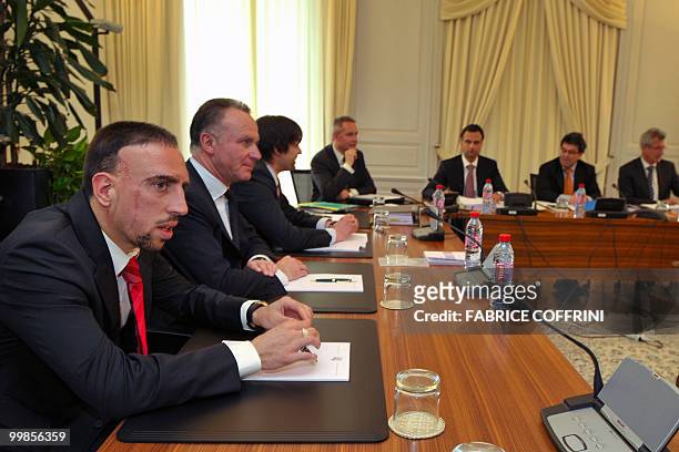 Bayern Munich's Franck Ribery seats beside Bayern chairman Karl-Heinz Rummenigge on the opening day of a hearing at the Court of Arbitration for...