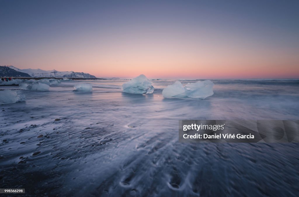 Icebergs Floating on Icy Beach at Sunset, South Iceland