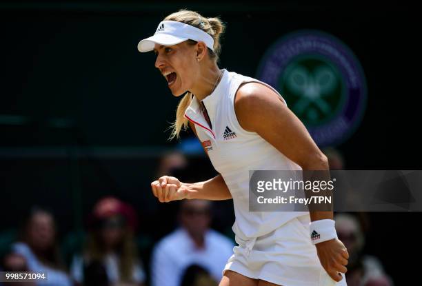 Angelique Kerber of Germany celebrates after beating Jelena Ostapenko of Latvia in the ladies' semi finals at the All England Lawn Tennis and Croquet...