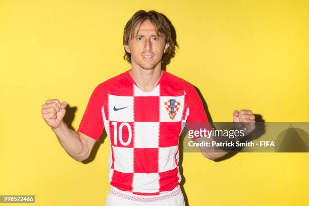 Luka Modric of Croatia poses for a portrait during the official FIFA World Cup 2018 portrait session at Woodland Rhapsody Resort on June 12, 2018 in...