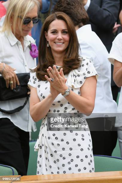Catherine, Duchess of Cambridge attends day twelve of the Wimbledon Tennis Championships at the All England Lawn Tennis and Croquet Club on July 13,...