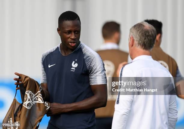 Benjamin Mendy of France speaks with Didier Deschamps, Manager of France during a France training session during the 2018 FIFA World Cup at Luzhniki...