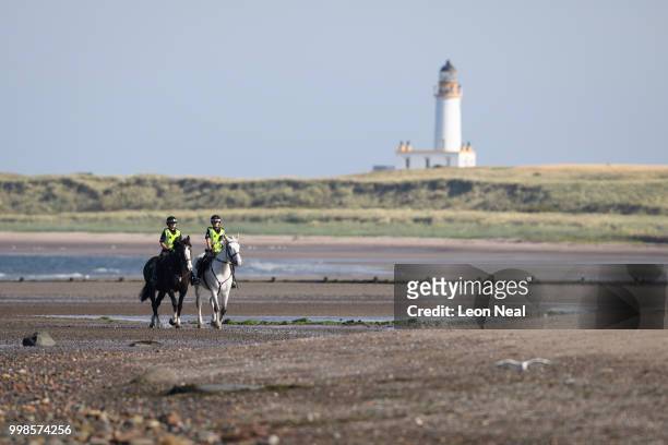Mounted police patrol the beach outside near Trump Turnberry Luxury Collection Resort during the U.S. President's visit to the United Kingdom on July...