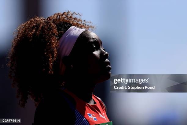 Milagros Duran of The Dominican Republic looks on ahead of heat 3 of the women's 4x400m relay on day five of The IAAF World U20 Championships on July...