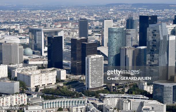 This aerial view taken on July 14 shows buildings of the Paris' business district of La Defense.