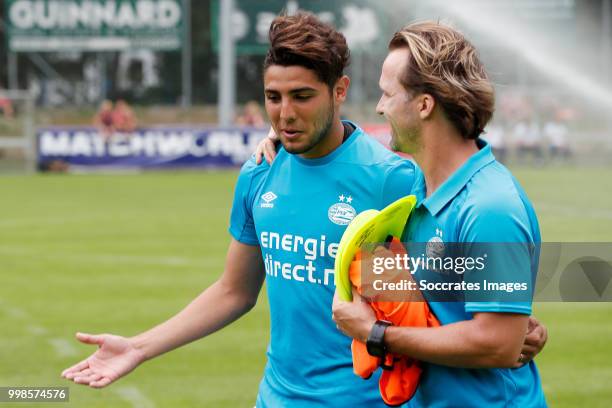 Maxi Romero of PSV, assistant trainer Boudewijn Zenden of PSV during the Club Friendly match between PSV v Neuchatel Xamax FCS on July 14, 2018 in...