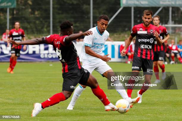 Hamed Kone of Neuchatel Xamax FCS, Donyell Malen of PSV during the Club Friendly match between PSV v Neuchatel Xamax FCS on July 14, 2018 in Bagnes...