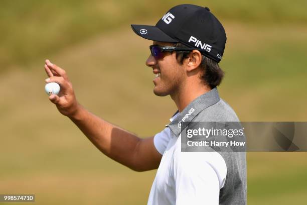 Scott Fernandez of Spain reacts to his par putt on hole one during day three of the Aberdeen Standard Investments Scottish Open at Gullane Golf...