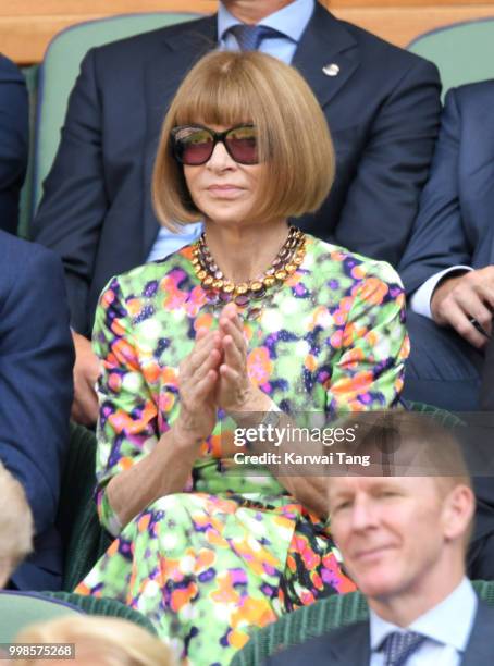 Anna Wintour attends day eleven of the Wimbledon Tennis Championships at the All England Lawn Tennis and Croquet Club on July 13, 2018 in London,...