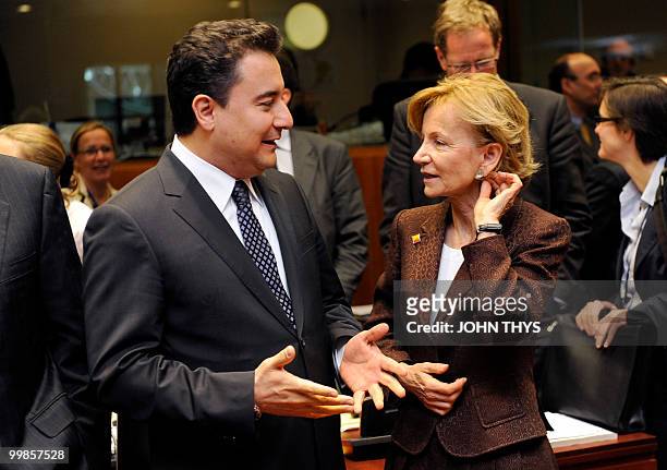 Turkish Deputy Prime Minister and Minister of State, Ali Babacan talks with Spain's Finance Minister Elena Salgado prior to an Economic and Financial...