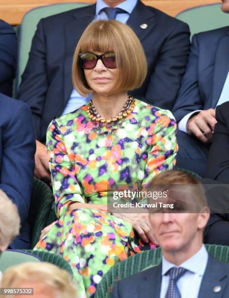 Anna Wintour attends day eleven of the Wimbledon Tennis Championships at the All England Lawn Tennis and Croquet Club on July 13, 2018 in London,...