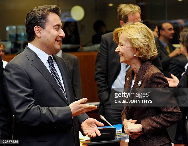 Turkish Deputy Prime Minister and Minister of State, Ali Babacan talks with Spain's Finance Minister Elena Salgado prior to an Economic and Financial...