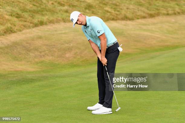Luke List of USA reacts to a missed putt on hole one during day three of the Aberdeen Standard Investments Scottish Open at Gullane Golf Course on...