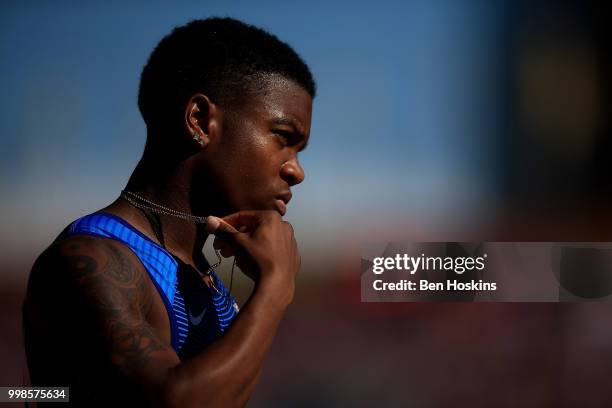 Eric Harrison of The USA prepares to run in the final of the men's 4x100m relay on day five of The IAAF World U20 Championships on July 14, 2018 in...