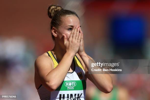 Sophia Junk of Germany celebrates after winning gold in the final of the women's 4x100m on day five of The IAAF World U20 Championships on July 10,...