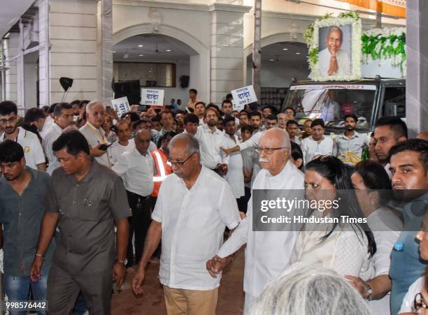 Leader LK Adwani attends the funeral of Dada JP Vaswani at Sadhu Vaswani Mission, on July 13, 2018 in Pune, India. Dada Vaswani passed away on...