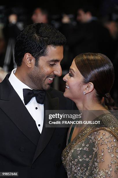 Indian model Aishwarya Rai and husband Abhishek Bachchan arrive for the screening of "Carancho" presented in the Un Certain Regard selection at the...