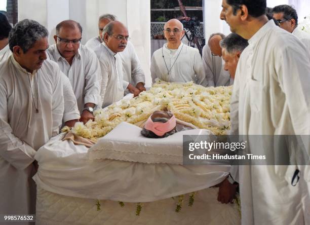 Family members and relatives attend the funeral of Dada JP Vaswani at Sadhu Vaswani Mission, on July 13, 2018 in Pune, India. Dada Vaswani passed...