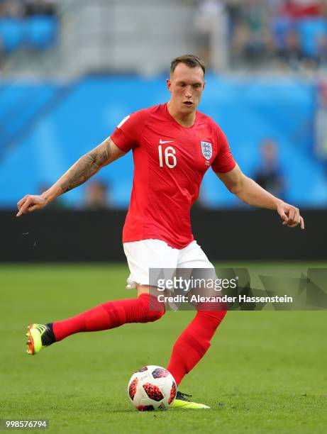 Phil Jones of England passes the ball during the 2018 FIFA World Cup Russia 3rd Place Playoff match between Belgium and England at Saint Petersburg...