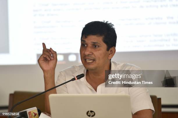 Aam Aadmi Party spokesperson Saurabh Bharadwaj speaks during a press briefing of Petitions Committee of Delhi Assembly, at Vidhan Sabha, Civil Lines,...
