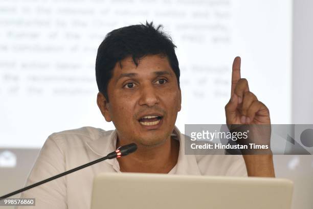 Aam Aadmi Party spokesperson Saurabh Bharadwaj speaks during a press briefing of Petitions Committee of Delhi Assembly, at Vidhan Sabha, Civil Lines,...