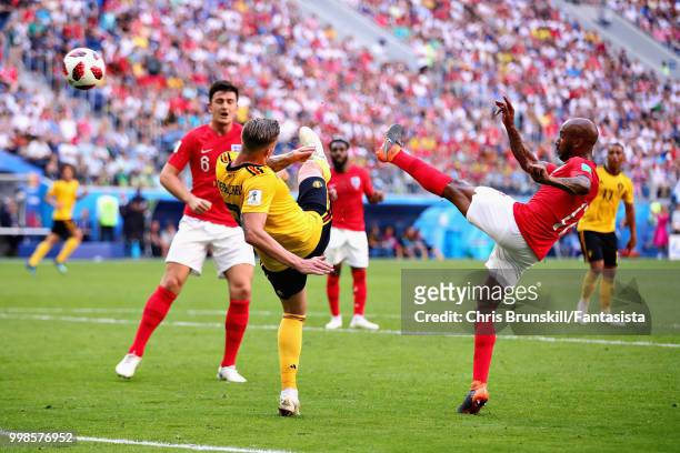 Toby Alderweireld of Belgium and Fabian Delph of England in action during the 2018 FIFA World Cup Russia 3rd Place Playoff match between Belgium and...