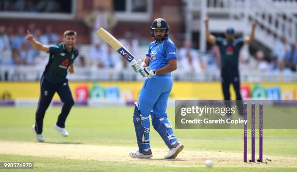 Rohit Sharma of India is bowled by Mark Wood of England during the 2nd ODI Royal London One-Day match between England and India at Lord's Cricket...