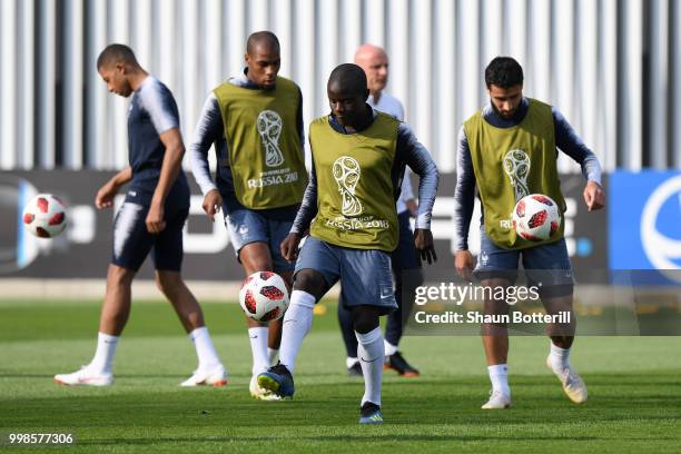 Ngolo Kante of France in action during a France training session during the 2018 FIFA World Cup at Luzhniki Stadium on July 14, 2018 in Moscow,...