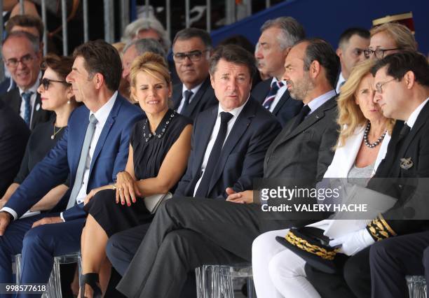 French Prime Minister Edouard Philippe sits with Mayor of Nice Christian Estrosi Laura Estrosi and French Justice Minister Nicole Belloubet in Nice...