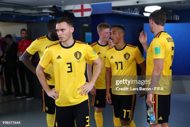 Thomas Vermaelen of Belgium looks on from the tunnel at half time during the 2018 FIFA World Cup Russia 3rd Place Playoff match between Belgium and...