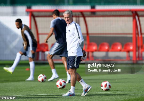 Didier Deschamps, Manager of France looks on during a France training session during the 2018 FIFA World Cup at Luzhniki Stadium on July 14, 2018 in...