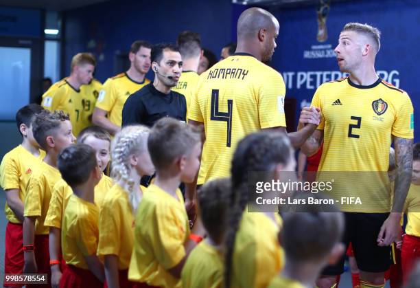 Vincent Kompany of Belgium shakes hands with team mate Toby Alderweireld before second half during the 2018 FIFA World Cup Russia 3rd Place Playoff...