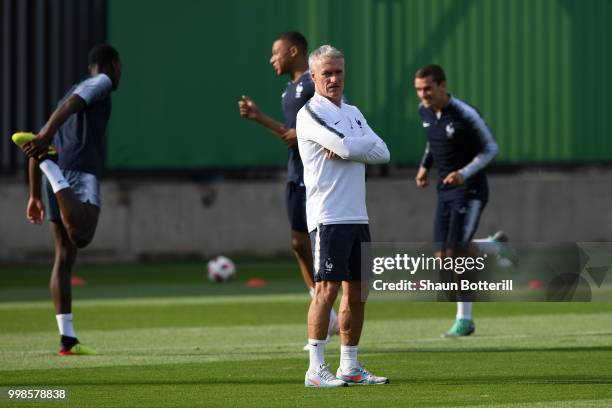 Didier Deschamps, Manager of France looks on during a France training session during the 2018 FIFA World Cup at Luzhniki Stadium on July 14, 2018 in...